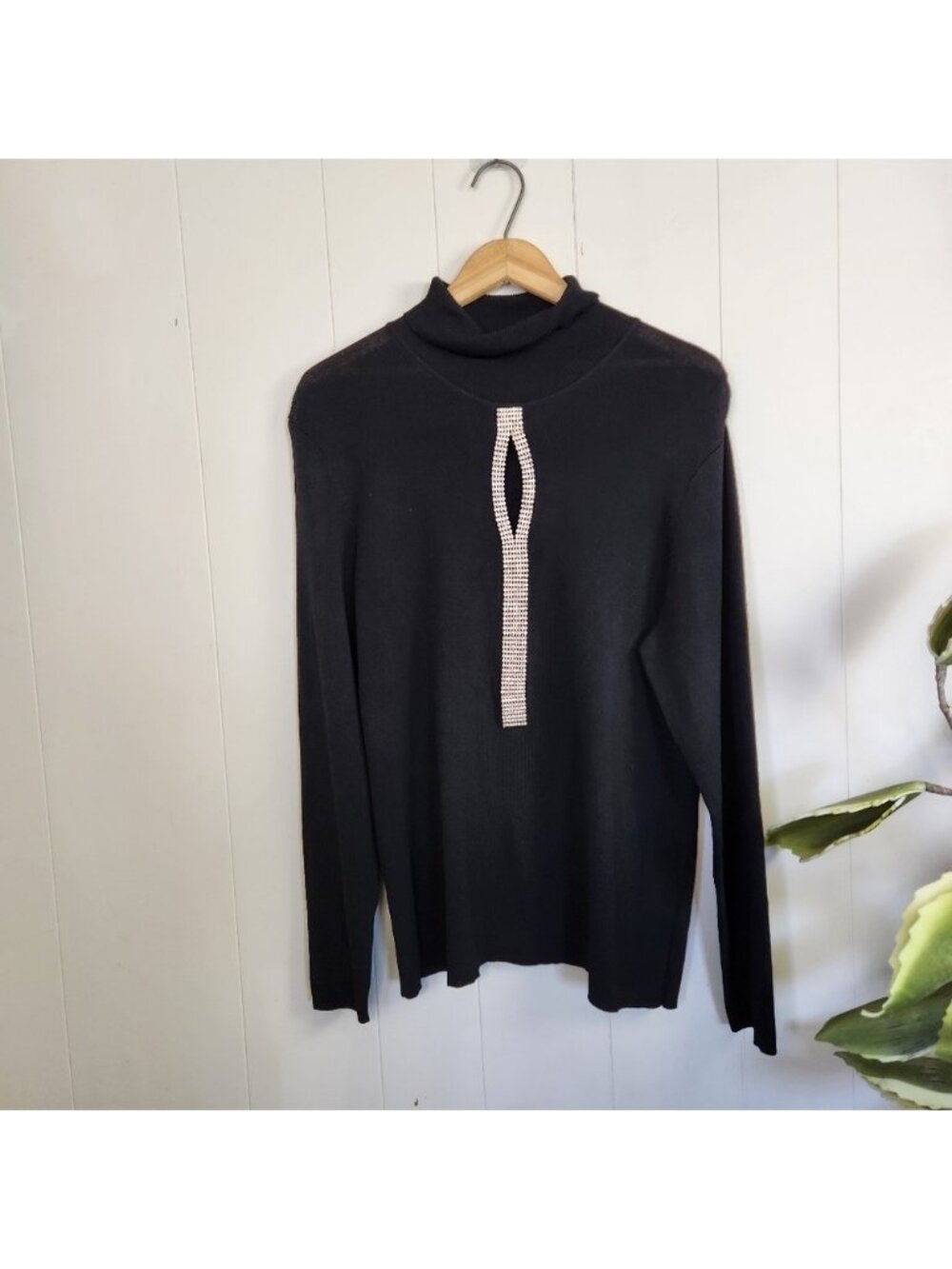 Addition Elle Black Knit Stretchy Turtleneck Sweater Diamonds Rhinestone Dressy